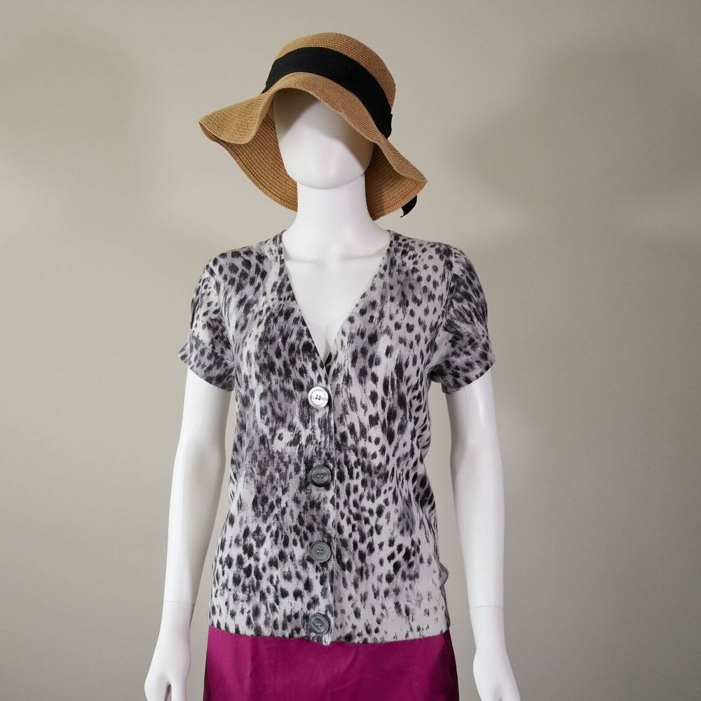 Kenneth Cole Reaction Women's Sweater Size S Gray Animal Print Cardigan Silk